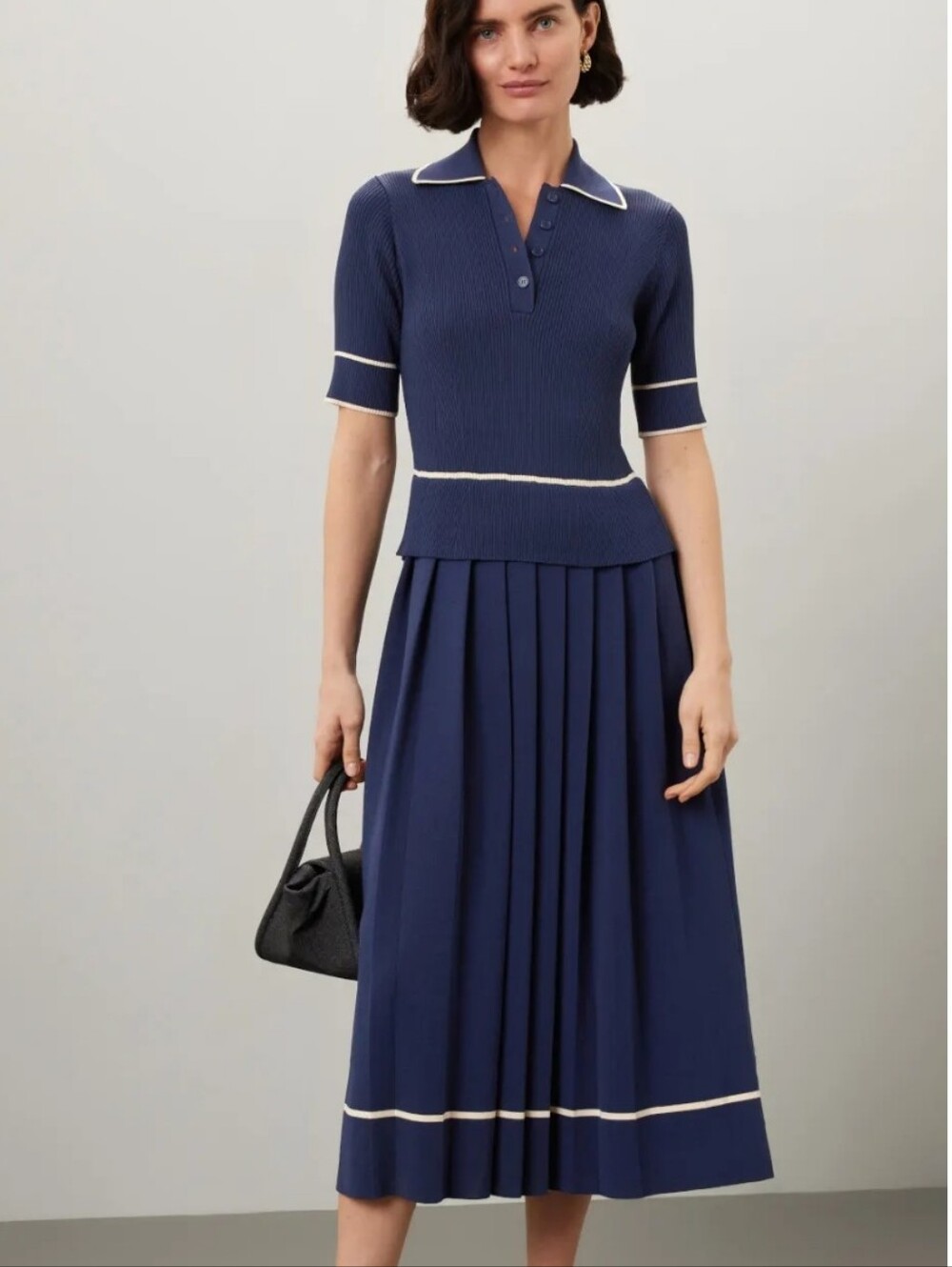 Blue Polo Midi Dress Shoshanna Navy Knit XS 0 2 Old Money Buisness Office White